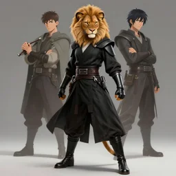 beautiful portrait of a female anthropomorphic lioness fursona wearing black jedi robes. leather gloves. leather boots. combat stance. character design by charlie bowater, ross tran, artgerm, and makoto shinkai, detailed, soft lighting, rendered in octane