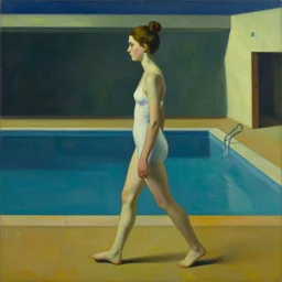 a painting of a girl with her hair up, walking in the poolrooms, a highly detailed edward hopper painting, by adrian ghenie and gerhard richter. art by remedios varo. masterpiece, flat surreal design with deep colours. 8 k. artstation