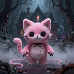 pink kitty stuffed animal in foggy tendril of horror, haunted house, scary, sharp and visual, cinematic, 4k,