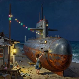 looking up, painting by dean cornwell, ilya repin, nc wyeth painting, ultra wide, vanishing point, 3 d perspective, beached submarine, award winning, up close, climbing, beaching, rust, midnight, junk town, lanterns, makeshift house, colorful lightbulb festoon lights, telephone pole