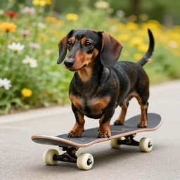 dachshund, riding a skateboard, flowers, realistic, high resolution, realistic, photo