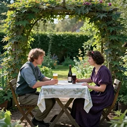 man and woman sitting at table in garden. on the table there is beer and wine. the sun shines. folk horror. detailed. clematis. arbour
