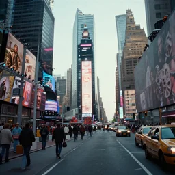 A film still from a futur 3000 movie, new york city, times square, Realism, 4k, 8mm, Grainy, Panavision