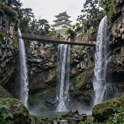 establishing wide shot inside han son doong with waterfalls on either side of the cliff walls, an old suspension bridge spans the walls, at the top of the cliff is a japanese castle