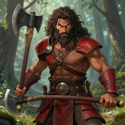 Picture of an adult male warrior, muscular, baggy eyes, light bown iris, wielding an axe on each hand, long curly hair, messy beard, very dark brown skin!, mixed plate and leather armor, red colored, in the forest, ready for combat, high fantasy, by WLOP, Genzoman, Sakimichan and Frank Franzzeta, trending on artstation, artstationHD, artstationHQ, good, octane, cgsociety, HD, extremely detailed, detailed face!, HD 16k