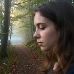 a double exposure of a beautiful extreme close up side view portrait of a mystical young woman looking down!!, motion blur, with a landscape photo of an autumn misty morning forest, forest trail, lake, dappled light, sun rays, green and brown tones