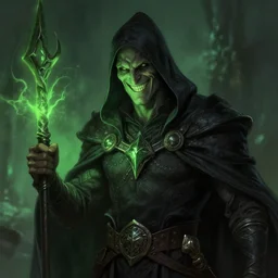 necromancer smiling. green lighting. fantasy, digital painting, hd, detailed.