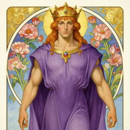 a god wearing purple clothes and golden crown, muscular, flowers, amazing, tarot art, painting by greg rutkowski and alphonse mucha