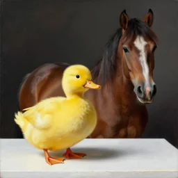 still life painting of a yellow laughing duck rabbit horse on a white table, high contrast lighting, impressionism, real fur, real feather