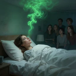 a woman laying in bed at night [ looking ] at the ceiling, covered in blankets, green smoke!!!!! surreal concept art, lifelike, photorealistic, digital painting, aesthetic, smooth, sharp focus, artstation hd, artgerm and by greg rutkowski, bruce pennington, valentina remenar, rhads, asher duran,
