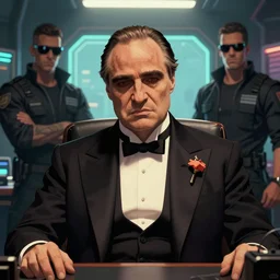 a beautiful picture of a cyberpunk godfather with his bodyguards in his office by greg rutkowski and gabo mendoza, close up shot, trending on artstation