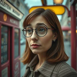 cinematic mid shot of a high detail, woman's face looking off camera, with round glasses. where's wally, fine facial features. she stands in a pastel colourful 3 d, bus stop street scene by jeffrey smart and gregory crewdson and edward hopper, inspired by the grand budapest hotel, lots of pastel colour