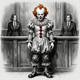 pennywise at the witness stand in court. full body. court sketch. intricate. 8 k. highly professionally detailed. hdr. cgsociety