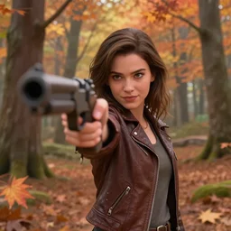 stunning!!! disney - like!!! young adult woman in a leather jacket in a maple forest pointing a machine gun at the lens, disney, pixar movie still, high detail, natural light, ray tracing, trending on artstation, 4 k, ultra hd, blu ray
