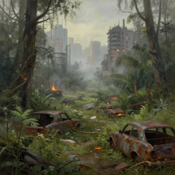 wild forest!!! vegetation!!!, rubble!!, rusty cars!!, postapocalyptic city of munic!!, hyperrealistic, highly detailed, cinematic, foggy light from fires, beautiful, cgssociety, artstation, 8 k, oil painting by greg rutkowski, by artgerm, by wlop