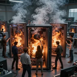 diverse groups of humans destroying the insides of supercomputers, fire, smoke, from behind, wide angle, elaborate, highly detailed, beautiful lighting