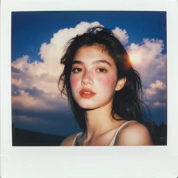 vintage polaroid analog photo of a beautiful young woman, lush lips, round eyes, blush, big clouds, sunlight, golden hour, warm azure tones, heavy lensflare, color bleed, film grain, jules bastien - lepage, rudolph belarski, johfra bosschart, alexandre cabanel