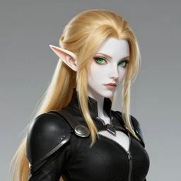 portrait of beautiful elf spy, black outfit, female, white skin, golden ponytail hair, green eyes, high fantasy, dnd, extremely detailed, smooth, sharp focus, digital illustration, by rossdraws, sakimichan, frank franzzeta