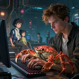 crab using a keyboard, cyberpunk, screenshot from hbo westworld, norman rockwell, stephen bliss, 8 k, unreal engine, art by greg rutkowski, katsura masakazu, makoto shinkai, satoshi kon, global radiant illumination, detailed and intricate environment