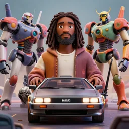stylish 3 d vfx - portrait - movie poster - art of an african jesus in a delorean - surrounded by mecha robots, art style by james jean & hsiao - ron cheng, unreal engine render, digital illustration, sharp, intricate detail, volumetric lighting, ray tracing, soft lighting, colourful, claymation style, philippe bouchet style, symmetry, ernie barnes style,