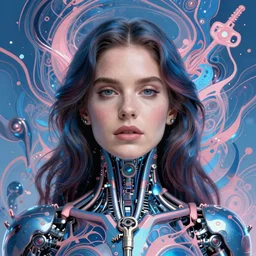 portrait of lana del rey as a cyborg. abstract. key art. blue, pink, intricate artwork. by tooth wu, wlop, beeple, dan mumford. 8 k octane render, trending on artstation, greg rutkowski very coherent symmetrical artwork. cinematic, hyperrealism, very detailed, iridescent accents