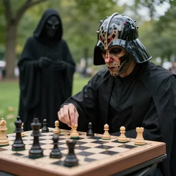 darth maul playing chess in the park across from the grim reaper