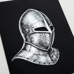 silver ink in black paper illustration of an english medieval helmet by escher. hand drawing. line draw. detail. hq.