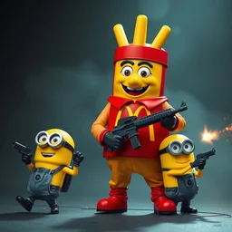 mcdonald happy meal mascot and minions in a gunfight