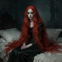 a nightmarish, unworthy woman with long red hair sitting on a bed by jozef szermentowski, featured on deviantart, german romanticism, lovecraftian, gothic, official art