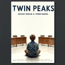 poster artwork by Michael Whelan and Tomer Hanuka, Karol Bak of a young boy has the spirit of BOB inside him, sitting in the board room, from scene from Twin Peaks, clean