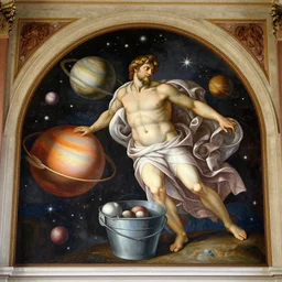 Michal Angelo painting of god putting away planets and stars in a bucket. 8k resolution, mural.