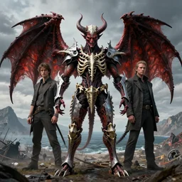 am a naranbaatar ganbold, jean giraud, artgerm, devil in armor made of iron and dragon bones, with hellish devil wings, height detailed body elements, anton fadeev, against the background of mountains, ocean, battlefield