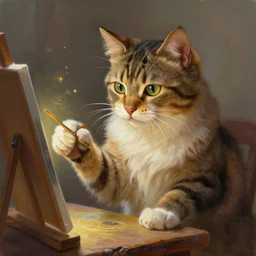 a detailed portrait of cat that is doing a magical painting, by justin gerard and greg rutkowski, digital art, realistic painting, dnd, character design, trending on artstation