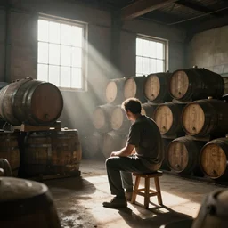 a man sitting on a small wooden stool in a whisky factory with barrels stacked up to the sealing. beautiful atmospheric lighting, sunlight beaming through open windows, small dust particles in the air. unreal engine 5, v - ray, 8 k, ultra hd, god rays. concept art.