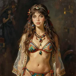 portrait of vintage hippie bikini russian iranian model girl traveler greg manchess painting by sargent and leyendecker, studio ghibli, fantasy, medium shot, asymmetrical, intricate, elegant, matte painting, illustration, hearthstone, by greg rutkowski, by greg tocchini, by james gilleard, by joe fenton