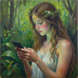 a nature goddess checking her cellphone by josephine wall, acrylic on canvas, intricatly detailed, high resolution, trending on artstation