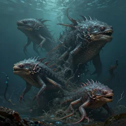 lovecraftian deep sea creatures, contrast, deep focus, turnaround, highly detailed, dramatic lighting, digital painting, artstation, concept art, matte, sharp focus, greg rutkowski, illustration.
