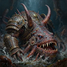 oil painting of crashing disgusting varied filthy weaponed rugated armored deep sea dentrivore by kelly freas & by jack gaughan high resolution, hyper detailed, intricate details, unreal engine render, cinematic, panorama, black light