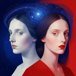 two artists, portrait headshot liminal complex flat geometric minimalism, by rembrandt vermeer concept art character design hd art nouveau cosmic levels shimmer n the style of leonora carrington gottfried helnwein intricate composition blue light by caravaggio insanely quality highly detailed, masterpiece red light