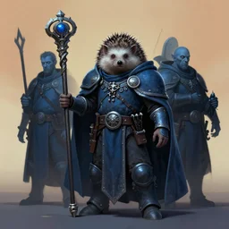 full character potrait of genetic combination between goblin & hedgehog, holding a ceremonial staff, wearing a cloak, zdzislaw beksinski, lewis jones, dariusz zawadzki, wayne barlow, warhammer fantasy, cold hue's, warm tone gradient background, concept art, 4 k, ultra - high - definition