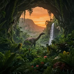 a lush prehistoric jungle cave, lush flora, a sauropod in the background, waterfall and mountains in the background, flowers, vines, orange sky, dark, sunset, hazy, volumetric lighting, rtx on, photorealistic render, beautiful, stunning, ultra - detailed
