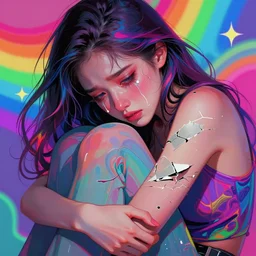 young woman, gorgeous face, vaporwave aesthetic, synthwave, colorful, psychedelic, abused, broken beaten, sadness, crying, inner strength, holding onto, curled up, artstation, concept art, smooth, extremely sharp detail, finely tuned detail, 8 k, ultra sharp focus, illustration, art by artgerm and greg rutkowski and alphonse mucha