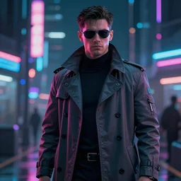 ultra realistic and intricate detailed photograph of a detective in trench coat, neon, cyberpunk, technology, innovation, bright modern style, blade runner, artstation, unreal render, depth of field, ambient lighting, award winning, stunning