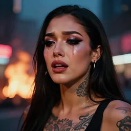 a streetwear mixed woman wearing thick mascara, crying, a city on fire in the background, tattoos, dark glitter makeup, Cinestill 50d, 4k, 8k, hd, full color, octane render, trending on artstation, highly detailed, bokeh