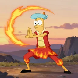 squidward wearing fire nation clothing and practicing firebending outside at susnset [ photorealistic ]