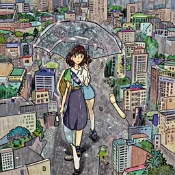 girl in a summer rain ,hand draw,manga,ghibli studio style,retro style,90s vibe,Aesthetic,city