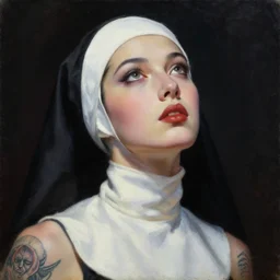 hyperrealism oil painting, complete darkness background, close - up face portrait from up, nun fashion model looking up, in style of classicism mixed with 8 0 s sci - fi japanese books art, tattoo