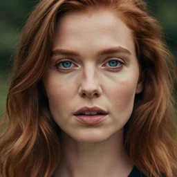close up portrait photograph of a ginger woman with polish descent, with deep blue eyes. Wavy long hair. she looks directly at the camera. Slightly open mouth, with a park visible in the background. 55mm nikon. Intricate. Very detailed 8k texture. Sharp. Cinematic post-processing. Award winning portrait photography. Sharp eyes.
