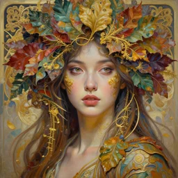 a beautiful woman in intricate detailed color oilpaint, 3 d render, hyper realistic detailed portrait, big flocking color leaves, thin golden tendril fractals, ornate leaves, elegant, intense colors, ruan jia, wlop. scifi, fantasy, hyper detailed, octane render, concept art, by peter mohrbacher, by alphonse mucha, by wlop, by ruan