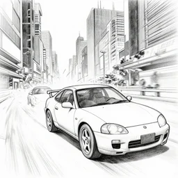 a manga sketch a car chase in a cyberpunk city, black and white, pencil sketch, in the style of yoji shinkawa and takehiko inoue